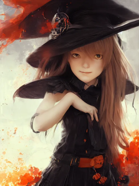 Image similar to Full shot of a cute mischievous young witch about to get up to some trouble. Black and Orange palette. By Ruan Jia and Artgerm and Range Murata and WLOP and CLAMP. Key Art. Fantasy Illustration. award winning, Artstation, intricate details, realistic, Hyperdetailed, 8k resolution.