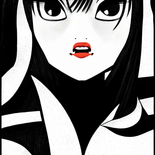 Prompt: portrait of a beautiful korean girl with very long hair and bangs, angular features, angry expression, wearing a black hoodie, in the style of studio trigger, extremely clean lines, anime and manga style