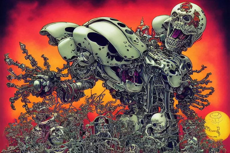 Image similar to poster of crazy roborts skeletor, by yoichi hatakenaka, masamune shirow, josan gonzales and dan mumford, ayami kojima, takato yamamoto, barclay shaw, karol bak, yukito kishiro