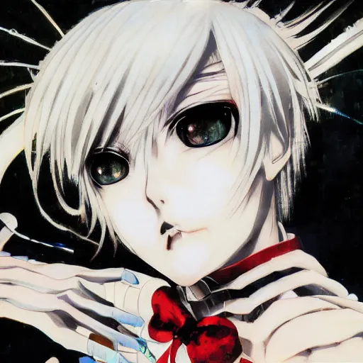 Prompt: Yoshitaka Amano style portrait of an anime girl with short white hair and eyepatch wearing suit with patterns, abstract black and white background in the style of Junji Ito, film grain effect, highly detailed, oil painting, expressive brush strokes