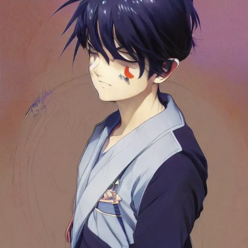 Image similar to small boy with black hair and blue purple eye, school uniform, anime style, hyper detailed, illustration, digital painting, art by artgerm and greg rutkowski and alphonse mucha, high delicate defined details, anime stylized, highly detailed, realistic, sharp focus