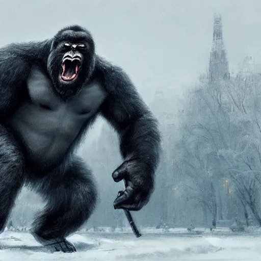 Image similar to angry and aggressive king kong in winter moscow, digital painting, very detailed, art by jakub rozalski and artgerm