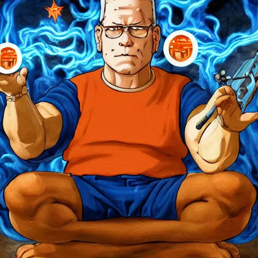 Image similar to hank hill as the god of propane, white tshirt, blue jeans, surrounded by blue fire, surrounded by blue flames, renaissance religious painting, late gothic religious paintings, byzantine religious art, trending on artstation