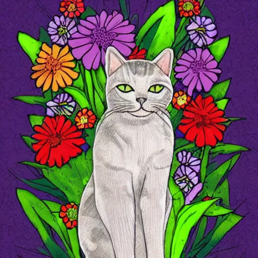 Prompt: a cat made with flowers, comic