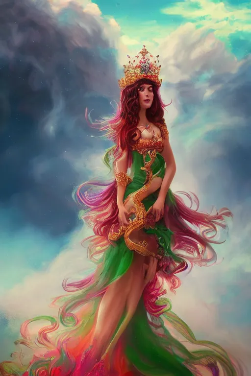 Image similar to a beautiful persian princess in colorful clouds and smoke, green eyes, red dress, long black curly hair, smiling in awe wearing a tiara, face, highly detailed, artstation, concept art, sharp focus, digital art by hana yata, octane render, unreal engine, 8 k