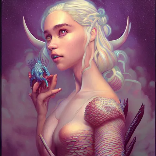 Image similar to lofi biopunk daenerys targaryen portrait with dragons, Pixar style, by Tristan Eaton Stanley Artgerm and Tom Bagshaw.