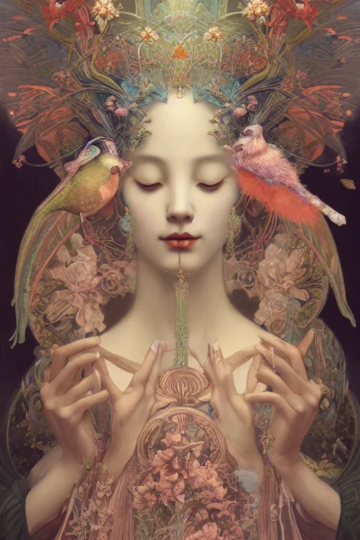 Image similar to portrait breathtaking detailed concept art painting art deco pattern of birds goddesses amalmation flowers head boudhisme temple, by hsiao ron cheng, tetsuya ichida, bizarre compositions, gaston bussiere, exquisite detail, extremely moody lighting, 8 k, art nouveau, old chines painting, art nouveau