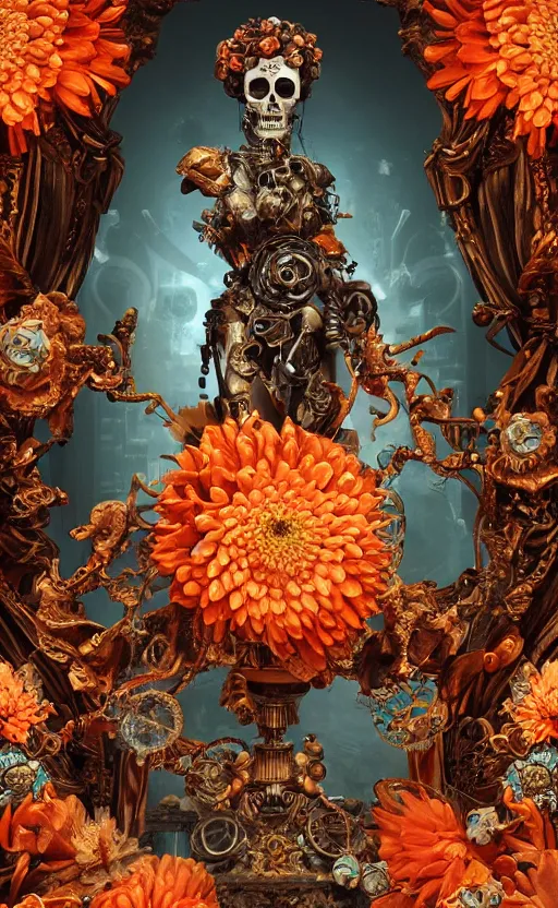 Image similar to a 3d Letter A with a large glowing orange crystal in the center, bronze cyberpunk style statue, mechanical chrysanthemums, flowing aqua silk, fabric, steampunk flowers. baroque elements, human skull. full-length view. baroque element. intricate artwork by caravaggio. many flying horses on background. Trending on artstation, octane render, cinematic lighting from the right, hyper realism, octane render, 8k, depth of field, 3D