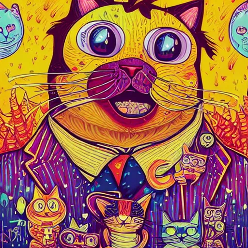 Image similar to colorful illustration of funny cat in the yellow tuxedo and red tie by jeremiah ketner and dan mumford