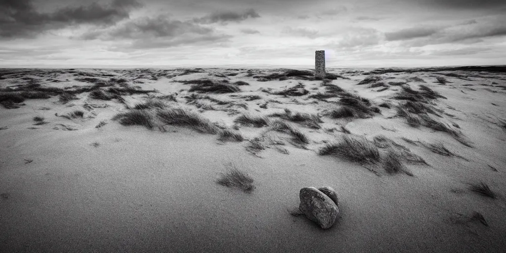 Prompt: a breathtaking surreal photograph of windswept dunes scandinavian landscape, a withered ancient altar + stone in center, blue - grey filter, ultra wide shot, cinematic, 8 k, dramatic lighting