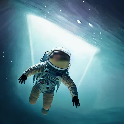 Prompt: an astronaut floating horizontally in the middle of deep underwater being hit by sun rays, trending on art station, atmosphere, concept art, photo realistic, high detailed