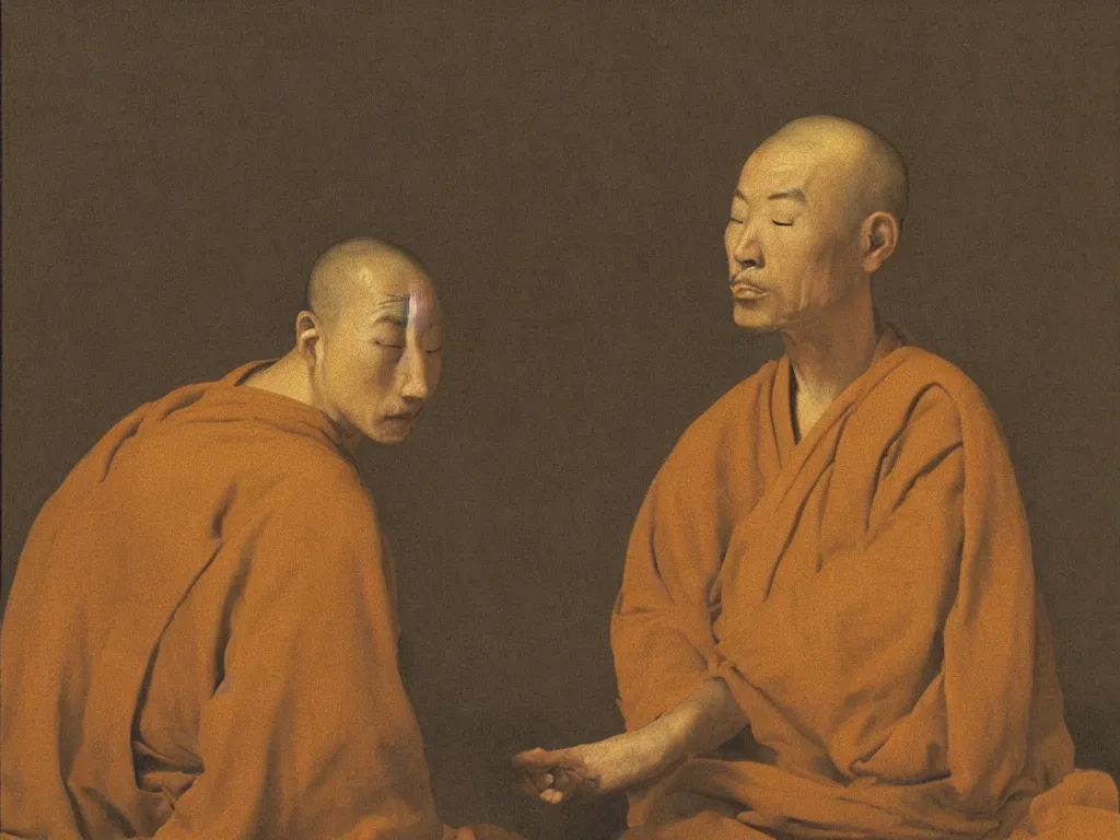 Image similar to Portrait of a Zen monk in trance, with the eyes closed. Still life, grazing light. Painting by Zurbaran