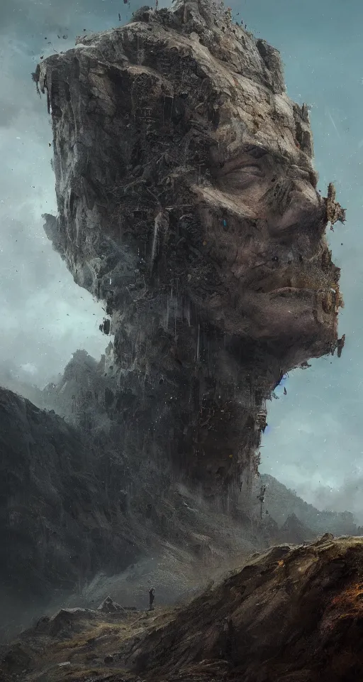 Image similar to a detailed portrait of a giant robotic face buried half way in a cliff by Greg Rutkowski, Sung Choi, Mitchell Mohrhauser, Maciej Kuciara, Johnson Ting, Maxim Verehin, Peter Konig, final fantasy, Marco lense , 8k photorealistic, cinematic lighting, HD, high details, atmospheric , trending on artstation