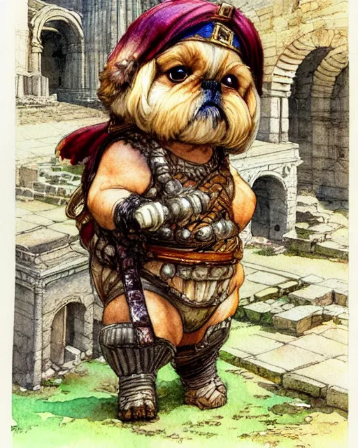 Prompt: a realistic and atmospheric watercolour fantasy character concept art portrait of a fat adorable chibi shih tzu puppy roman centurion in a roman temple, by rebecca guay, michael kaluta, charles vess and jean moebius giraud