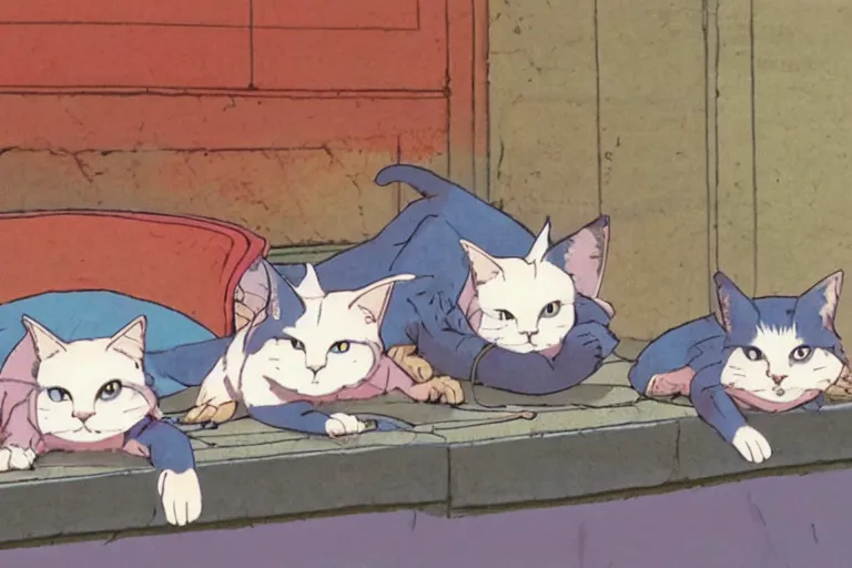 Prompt: four happy stray cats, lounging about and looking at the camera, urban setting, whimsical, trending on artstation, animation still by Hayao Myazaki and Moebius