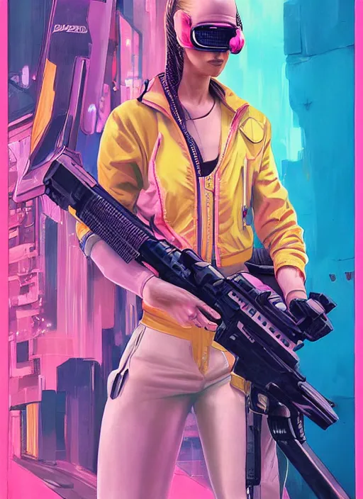 Prompt: beautiful cyberpunk female athlete wearing pink jumpsuit and yellow jacket. firing a futuristic red belt fed automatic pistol. ad poster for pistol. cyberpunk poster by james gurney, azamat khairov, and alphonso mucha. artstationhq. gorgeous face. painting with vivid color, cell shading. ( rb 6 s, cyberpunk 2 0 7 7 )