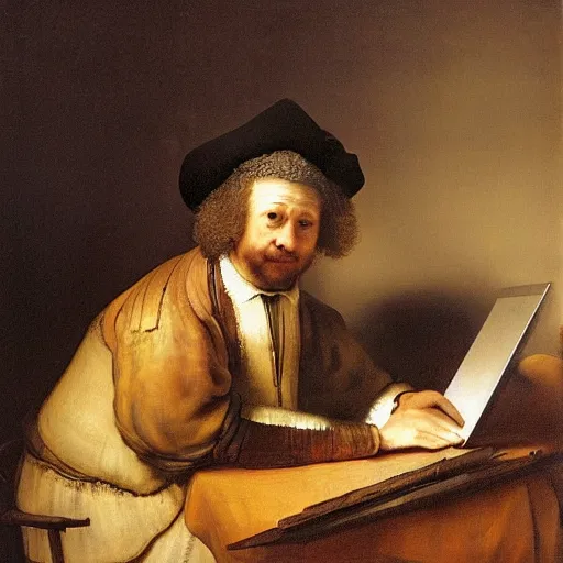 Prompt: man working on a laptop, art by rembrandt