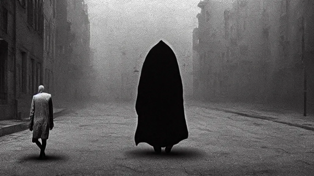 Prompt: a creepy creature walks down the street, film still from the movie directed by Quentin Tarantino with art direction by Zdzisław Beksiński