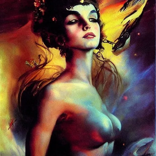 Image similar to princess of the dreamlands, beautiful! coherent! by mariusz lewandowski, by frank frazetta, deep colors, strong lines, high contrast