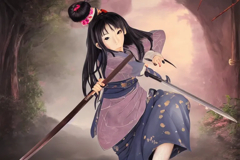 Prompt: highly detailed beautiful photo of a madison beer as a young female samurai. practising sword stances. art by koyoharu gotouge. symmetrical face, beautiful eyes, realistic, 8 k, award winning photo, pastels colours, action photography, 1 / 1 2 5 shutter speed, sunrise lighting,