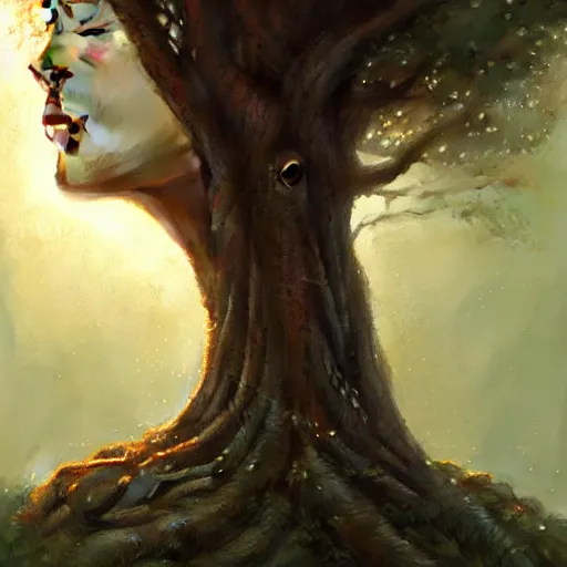 Image similar to a beautiful portrait of a tree goddess with closed eyes by Greg Rutkowski and Raymond Swanland, Trending on Artstation, ultra realistic digital art