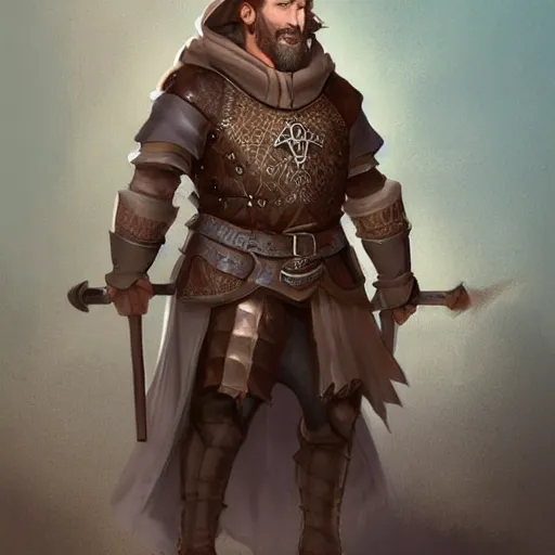 Prompt: 5 0 years old man, tall, stocky : : fantasy : : brown hair, sympathetic, short brown beard : : decorated medieval clothing : : high detail, digital art, rpg, concept art, illustration