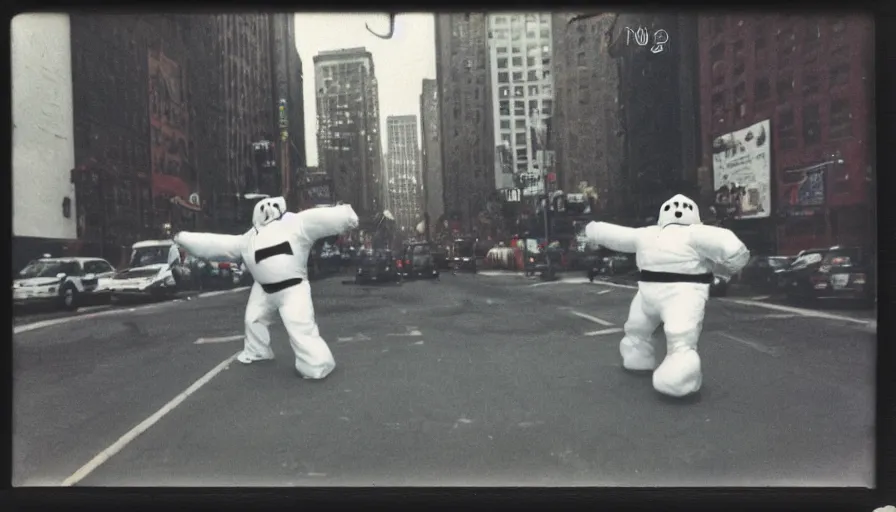 Image similar to the stay - puft marshmallow man breakdancing in harlem, new york, grainy, grungy, polaroid photograph, vintage, scanned