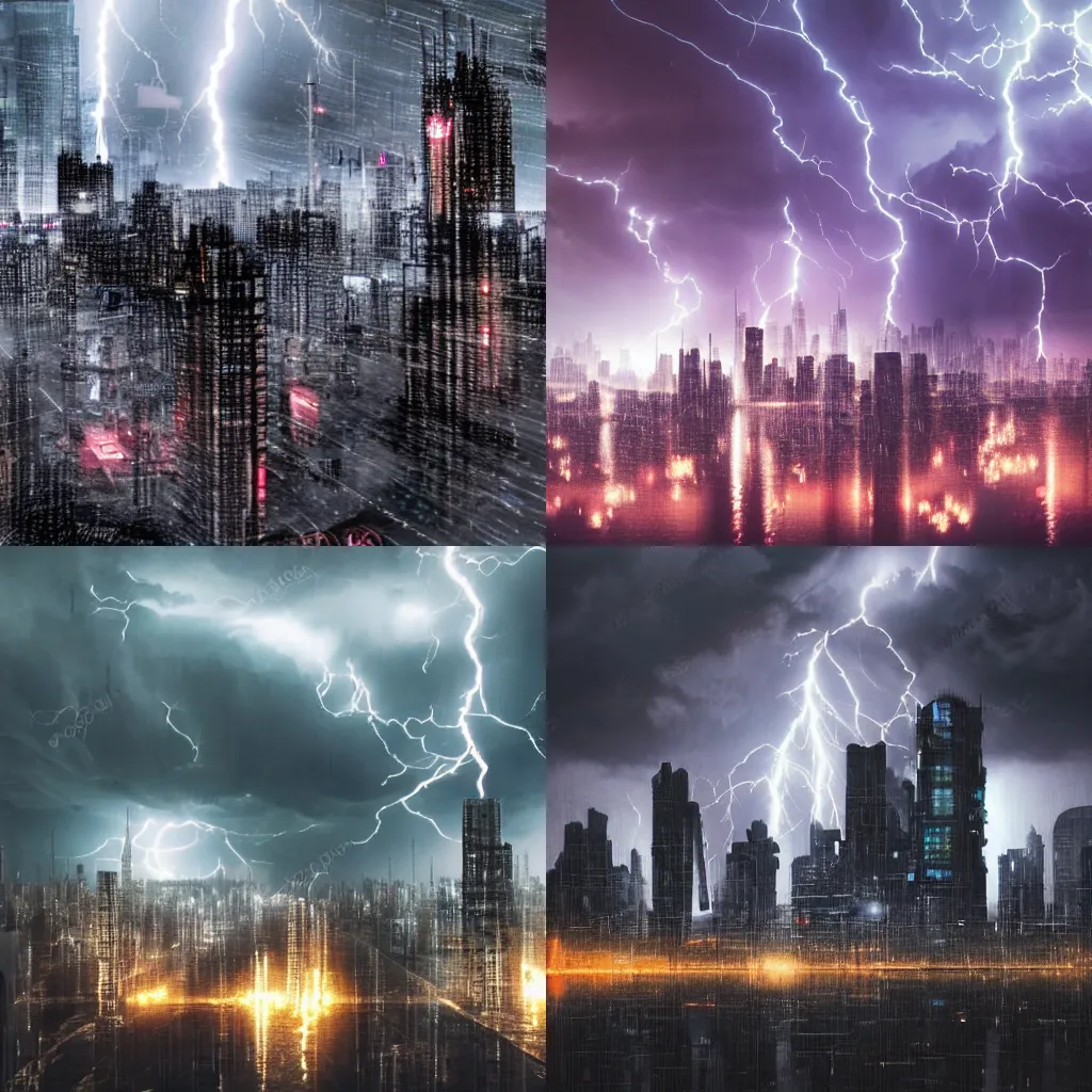 Prompt: thunderstorm over a large cyberpunk styled city, dark, rainy