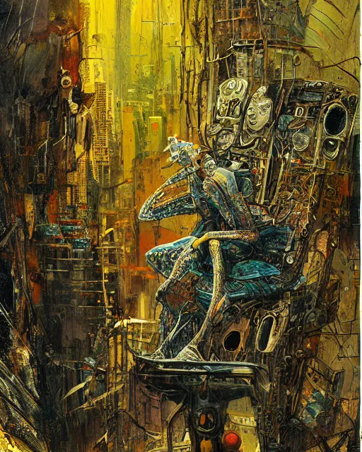 Image similar to a painting of a man sitting on top of a chair, cyberpunk art by john backderf and by ian miller and by peter de seve, cgsociety, neo - primitivism, dystopian art, biomorphic, parallax