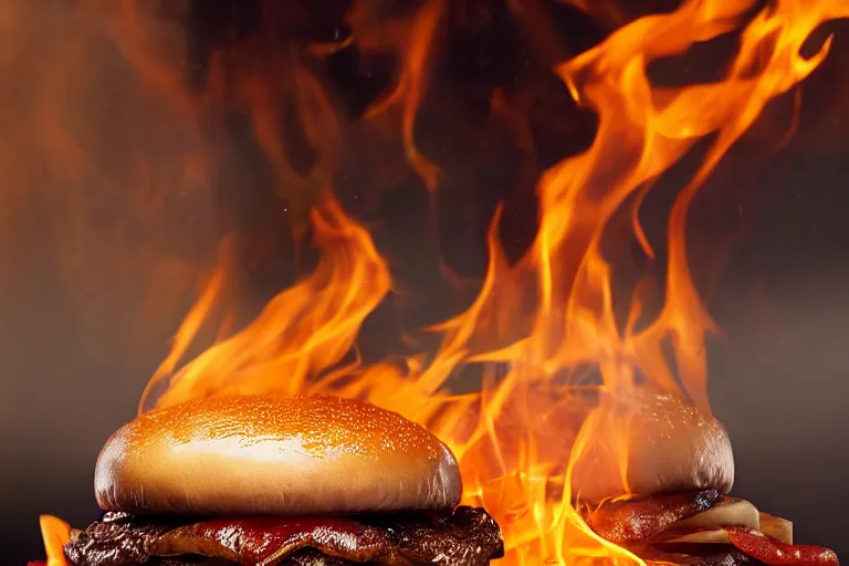 Image similar to mcdonalds hamburger burning to a crisp, commercial photography