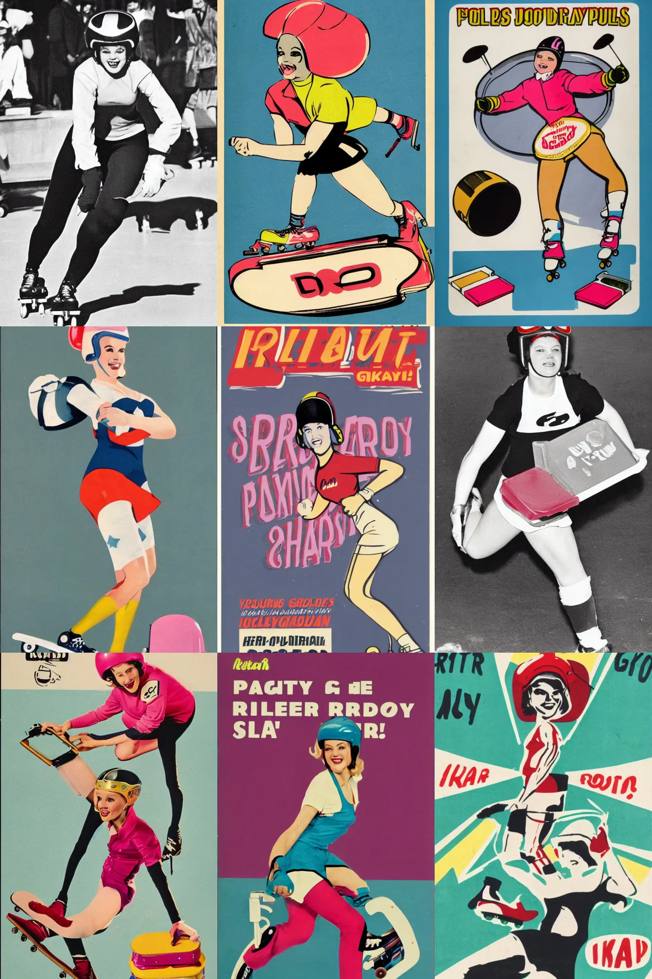 Prompt: advert logo, pretty roller derby girl skating, wearing roller derby helmet, 1960s, carrying a tray, muted colours