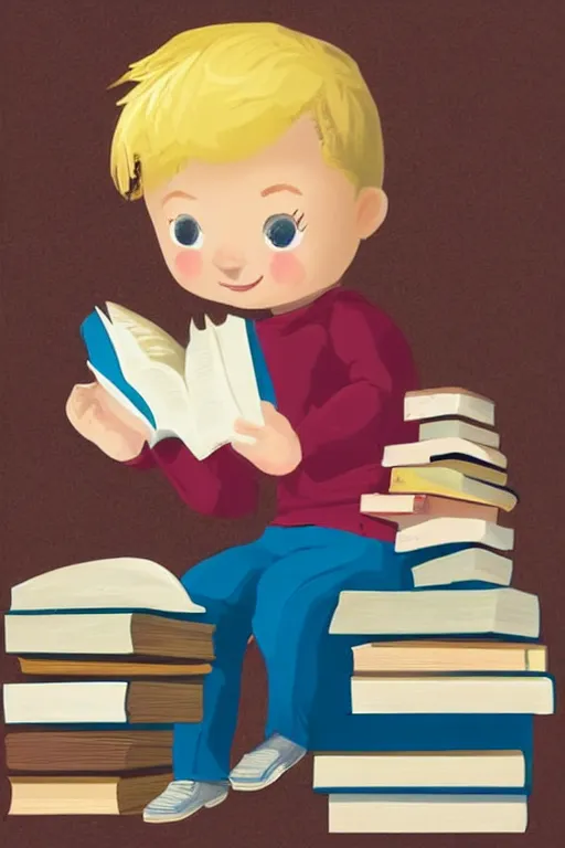 Prompt: a little boy with blonde hair sits cross legged on top of a tall pile of books. he is reading. clean elegant pretty cartoon painting, beautiful detailed face, storybook illustration.