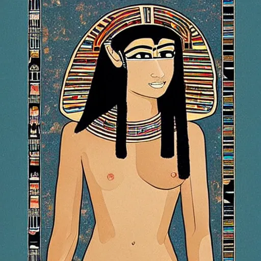 Image similar to A beautiful performance art. She has deeply tanned skin that makes me think of Oort, an almond Asian face and a compact, powerful body. ancient egyptian mural by Dustin Nguyen ghostly, washed-out