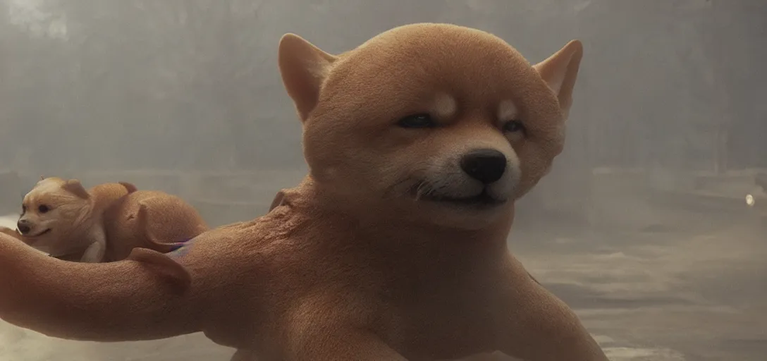 Prompt: an octopus in the shape of a shiba inu, foggy, cinematic shot, photo still from movie by denis villeneuve, wayne barlowe