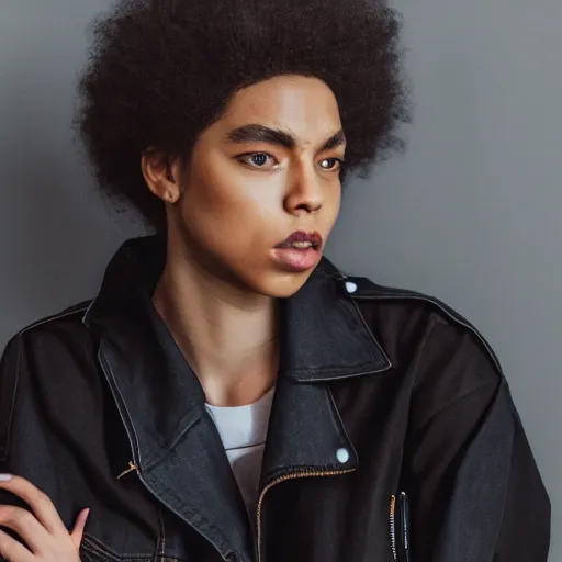 Prompt: realistic photoshooting for a new heliot emil lookbook color film photography portrait of a beautiful woman model, model wears a black paneled denim jacket, photo in style of tyler mitchell