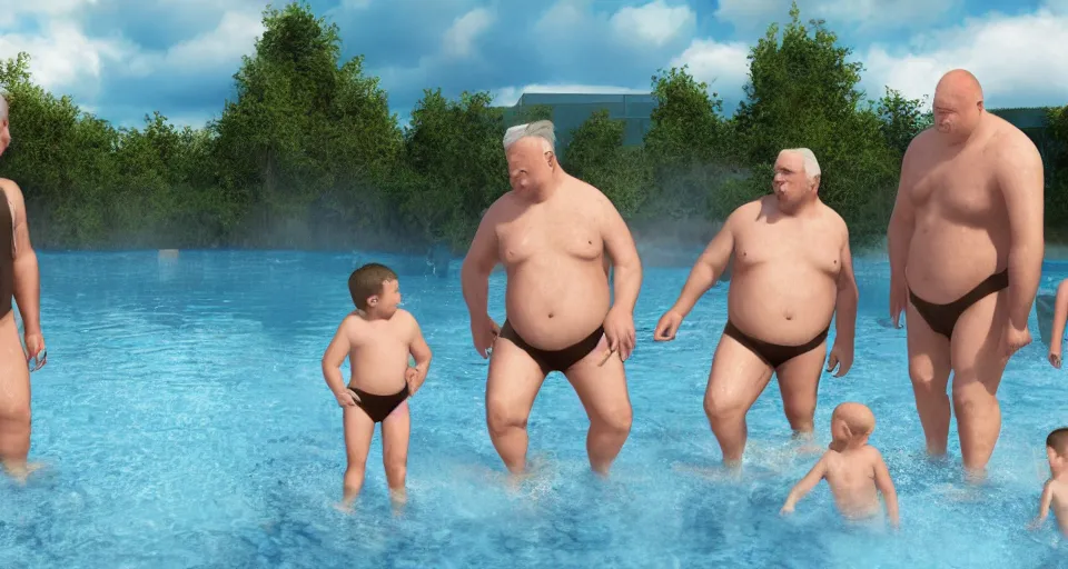 Image similar to digital art painting of exactly three adult brothers and their slightly overweight older father in an icelandic swimming pool , unreal 5, DAZ, hyperrealistic, octane render, volumetric clouds dynamic lighting