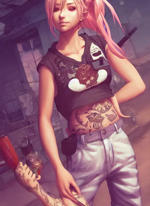 Image similar to character portrait of a female anthro pig with a pigtail and a cute beautiful attractive detailed female pig face wearing a tanktop and slacks standing outside a city tattoo parlor with arm tattoos. Character design by charlie bowater, ross tran, artgerm, and makoto shinkai, detailed, inked, western comic book art