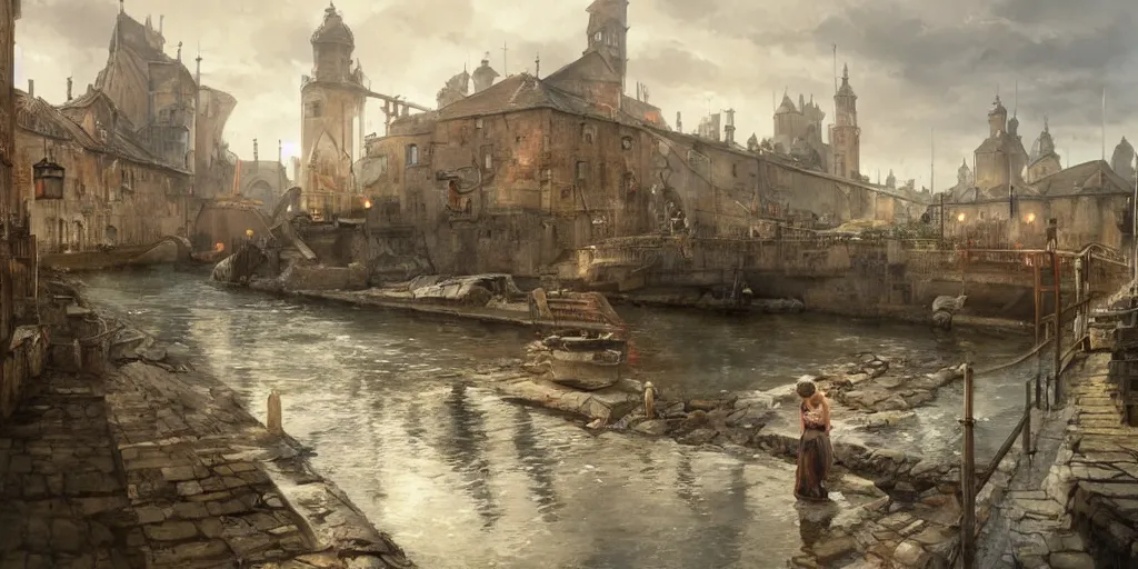 Prompt: empty medieval port town docks sewers are clogged with silt and debris, pokemon sword and sheild, bright future, social realism, highly detailed, digital painting, artstation, concept art, matte, sharp focus, illustration, art by artgerm and greg rutkowski and alphonse mucha