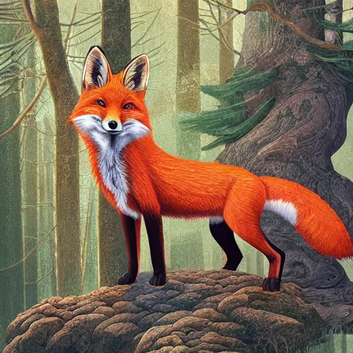 Image similar to a red fox and a ginger teen girl at dark forest where trees are huge, ultra realistic by ori toor and escher