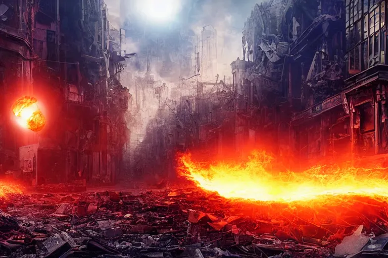 Image similar to Cybernetic Robotic Fire Orb Floating above a destroyed city street, fantasy, photorealistic, metropolis