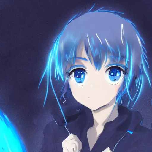 Image similar to key anime visual of a girl with glowing blue eyes; rain falling; close up shot; trending on Pixiv