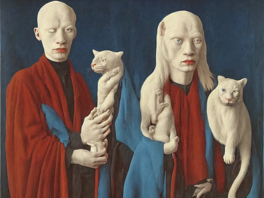 Prompt: Portrait of albino mystic with blue eyes, with panther. Painting by Jan van Eyck, Audubon, Rene Magritte, Agnes Pelton, Max Ernst, Walton Ford