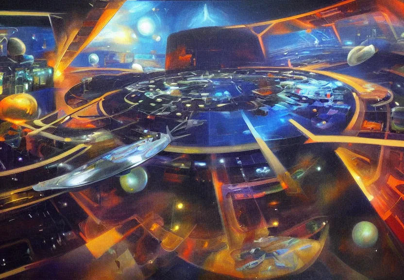 Image similar to ! dream an oil panting of a futuristic space in the metaverse designed by frank gehru