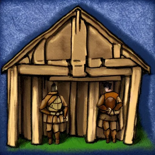 Image similar to a medieval barrack where you train warriors, painted, 2 d game