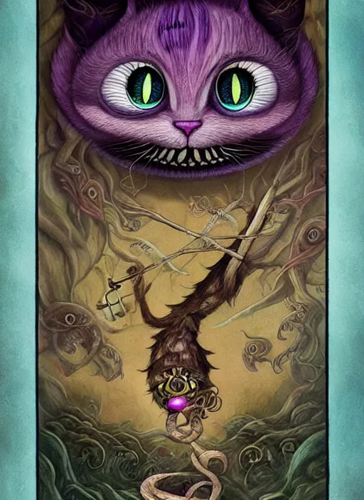 Prompt: cheshire cat strength tarot card, highly detailed, cinematic, 8 k, bymegan duncanson, benjamin lacombe, naoto hattori, adrian borda, giger, trending on deviantart, hyper detailed, horror, full of colour