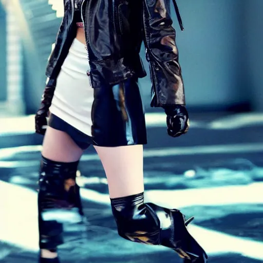 Image similar to a dynamic, epic cinematic 8K HD movie shot of a japanese beautiful cute young J-Pop idol actress yakuza rock star girl wearing leather jacket, miniskirt, nylon tights, high heels boots, gloves and jewelry. Motion, VFX, Inspirational arthouse, at Behance, with Instagram filters