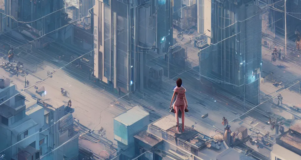 Image similar to woman standing on a rooftop in a cyberpunk city, intricate artwork by tooth wu and wlop and beeple, octane render, hyper realism, 8 k