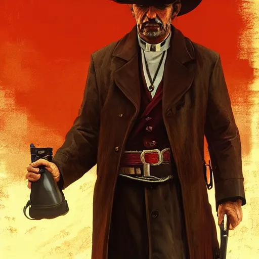 Prompt: large tan older - aged priest with dark hair in red dead redemption 2, gorgeous, beautiful, intricate, highly detailed, digital painting, artstation, oppressive lighting, concept art, sharp focus, illustration, art by greg rutkowski and alphonse mucha