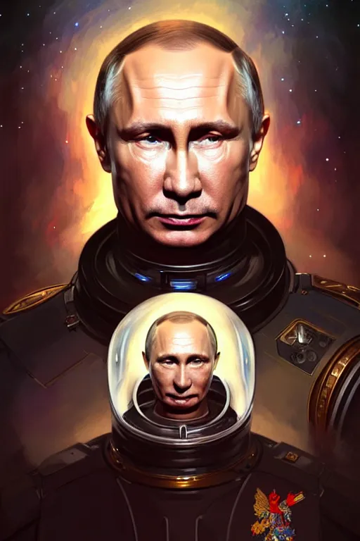 Image similar to Portrait of Putin in space, D&D, face, dark fantasy, intricate, elegant, highly detailed, digital painting, artstation, concept art, smooth, sharp focus, illustration, art by artgerm and greg rutkowski and alphonse mucha