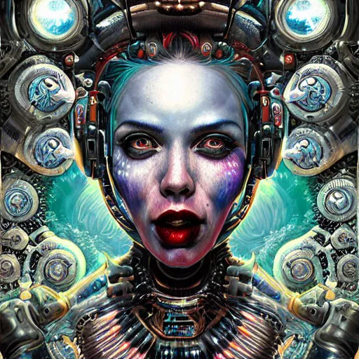 Image similar to underwater cosmic fractal biopunk giger portrait of harley quinn, pixar style, by tristan eaton stanley artgerm and tom bagshaw.